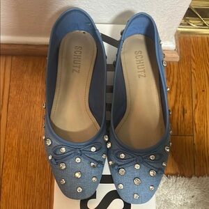 SCHUTZ Arissa Blue Denim Studded Flats. Size 5.5